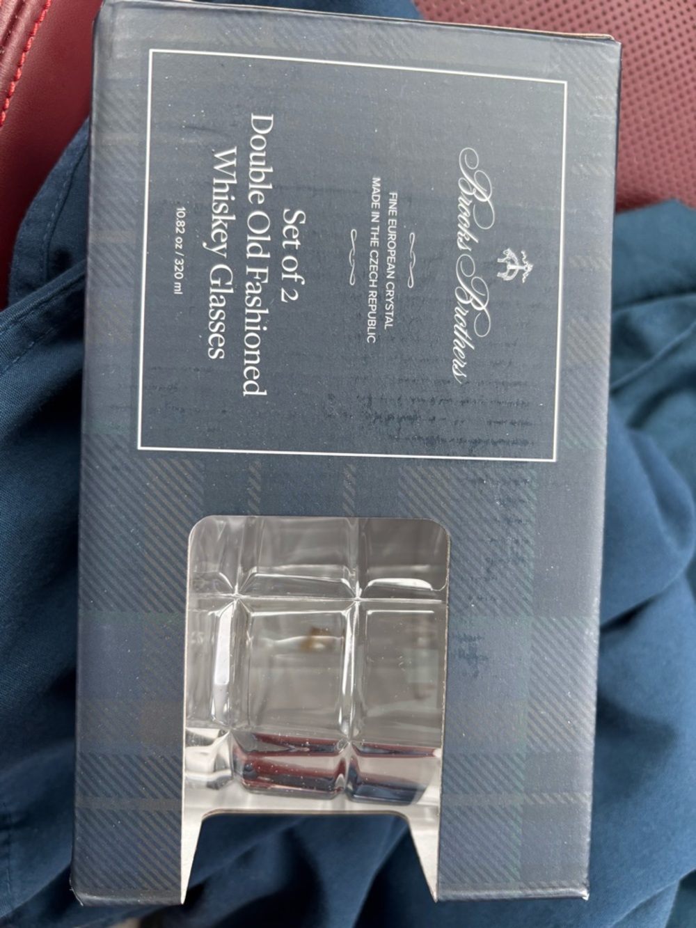 Brooks Brothers Navy Plaid Boxed Set of 2 Double Old Fashioned Whiskey Glasses